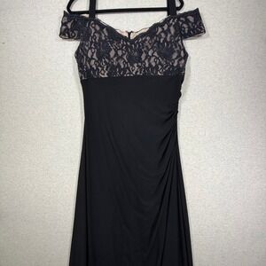 R&M Richards Formal Gown Women 14 Black Lace Ruched Off Shoulder Maxi